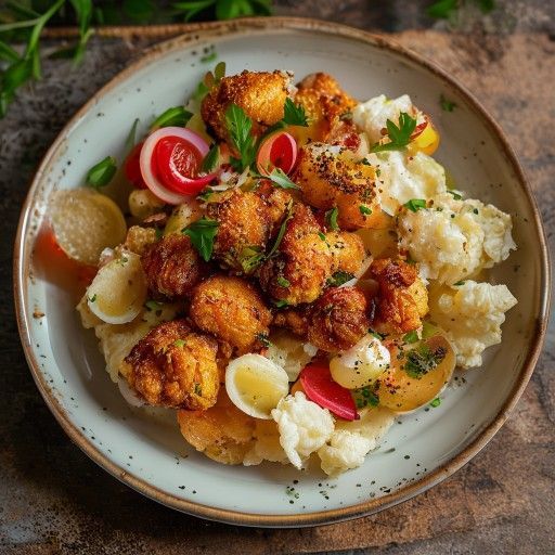 Pollo fritto croccante su insalata di patate calda