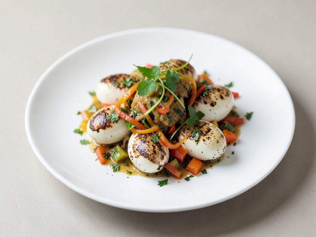 Huevos de codorniz marmolados con aderezo de verduras