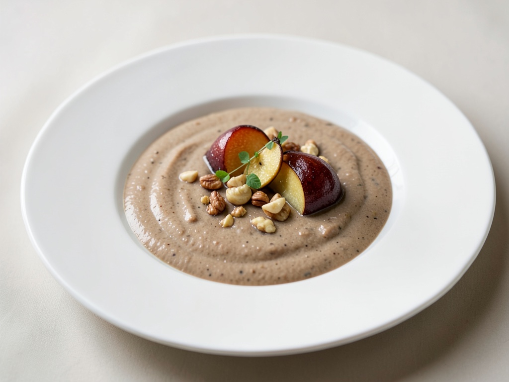 Zuppa cremosa di castagne con pere caramellate e noci