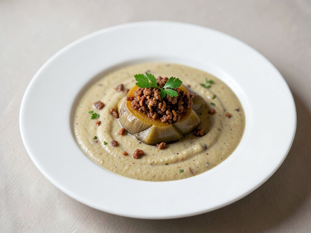 Crèmeuse soupe de marrons et topinambours avec topping pomme-chorizo