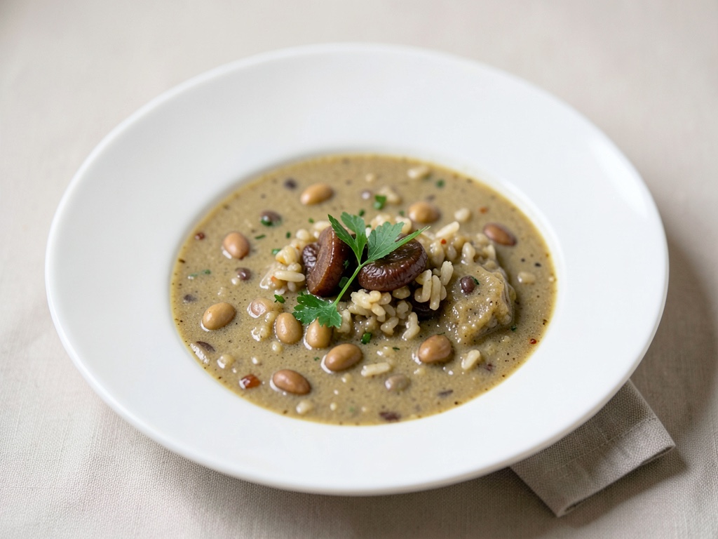 Zuppa cremosa di castagne, fagioli e riso