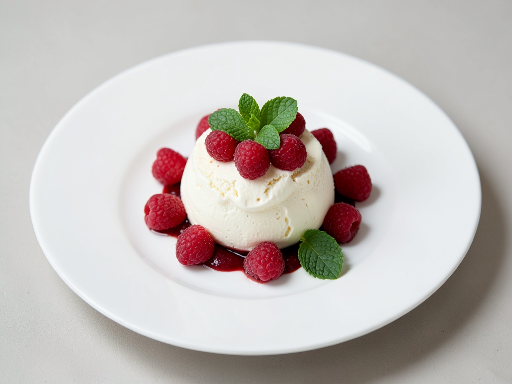Sogno di panna al marzapane con lamponi e menta