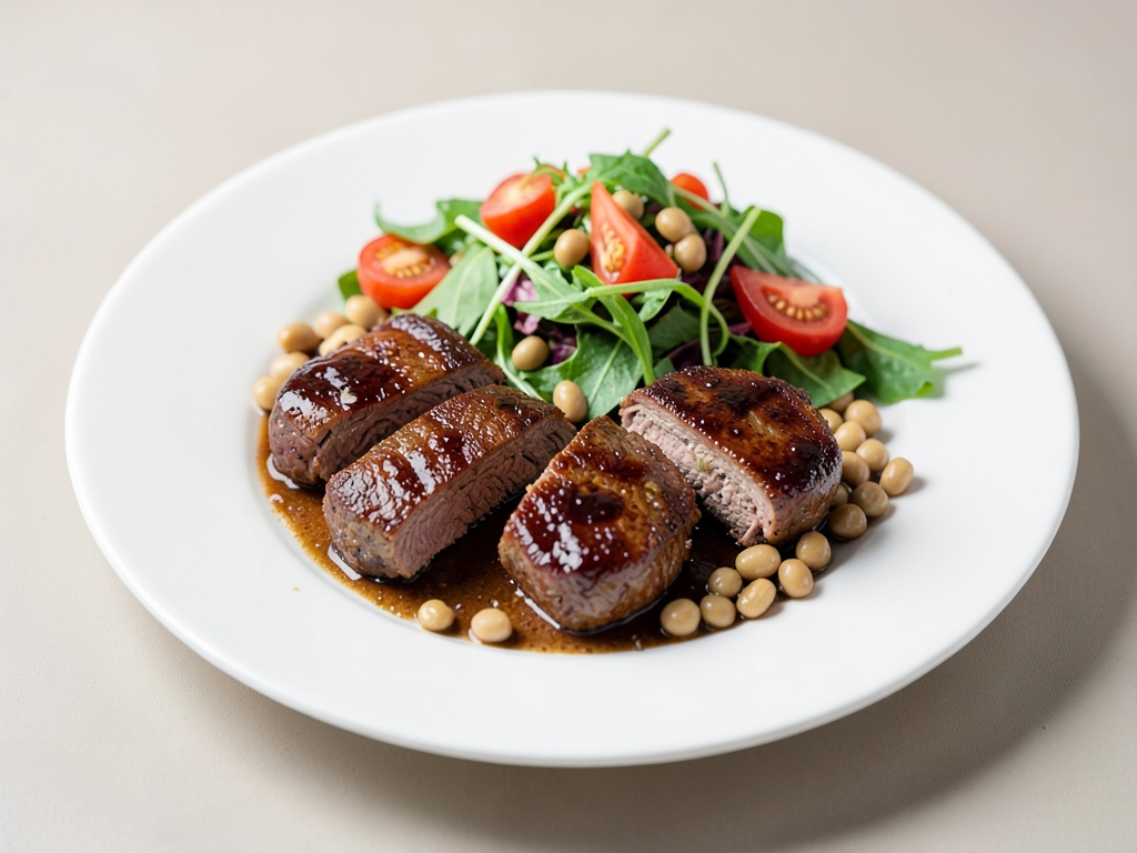Medaglioni succosi di manzo con insalata fresca di fagioli e pomodori
