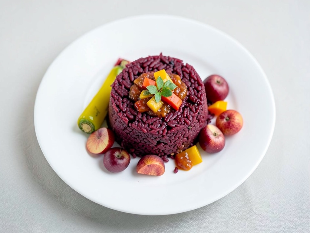 Torri di riso con barbabietola rossa e salsa fresca di albicocca e peperone