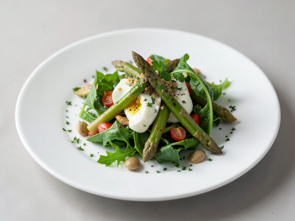 Insalata fresca di foglie con asparagi e uovo