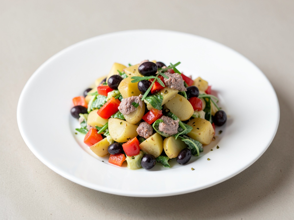 Insalata di patate mediterranea con olive, tonno e peperoni