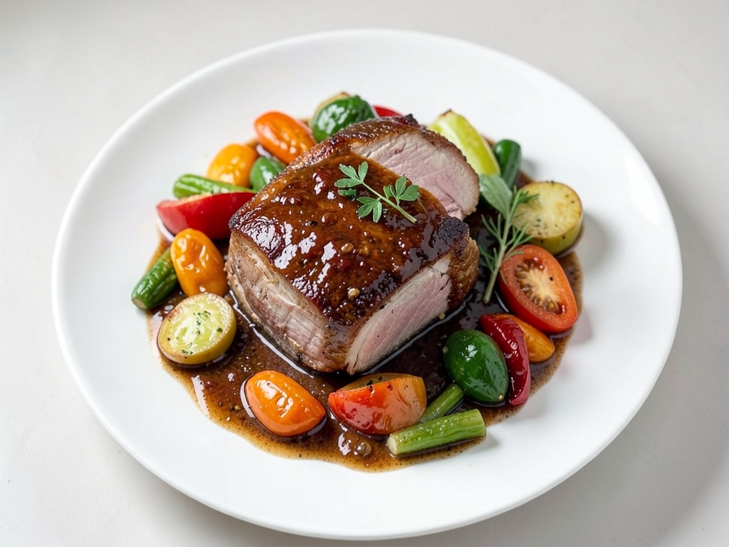 Suculento arrosto di maiale con verdure mediterranee