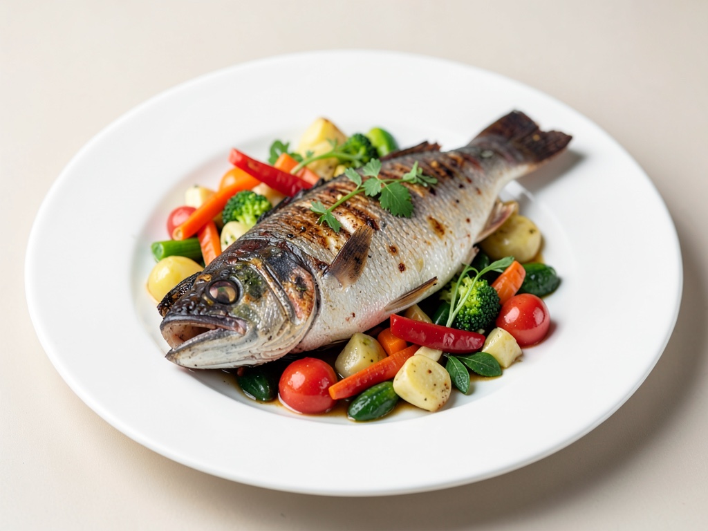 Pesce persico grigliato con verdure miste