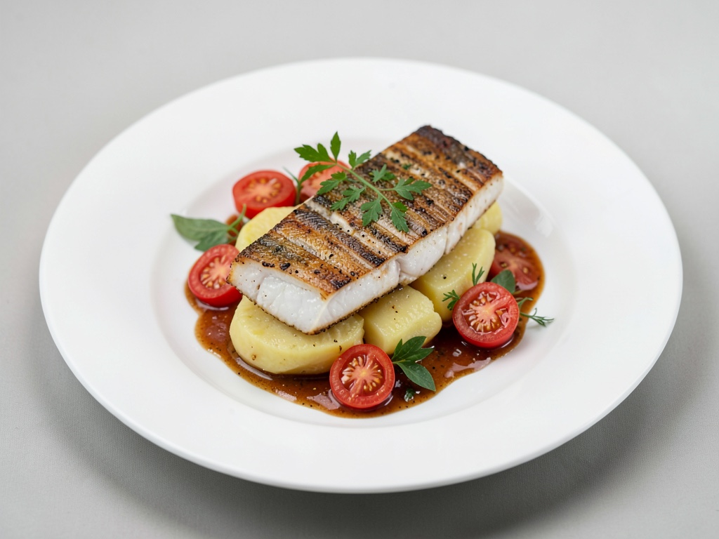 Branzino al forno su cuscino di patate con condimento fresco al pomodoro