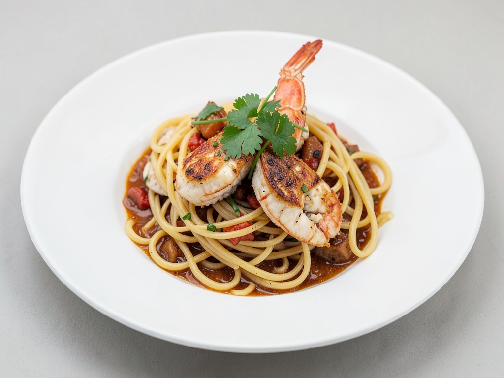 Mariscos con fideos de huevo