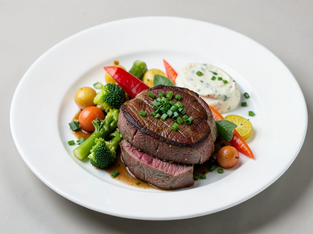 Tenera carne di vitello con verdure e panna acida all'erba cipollina fresca