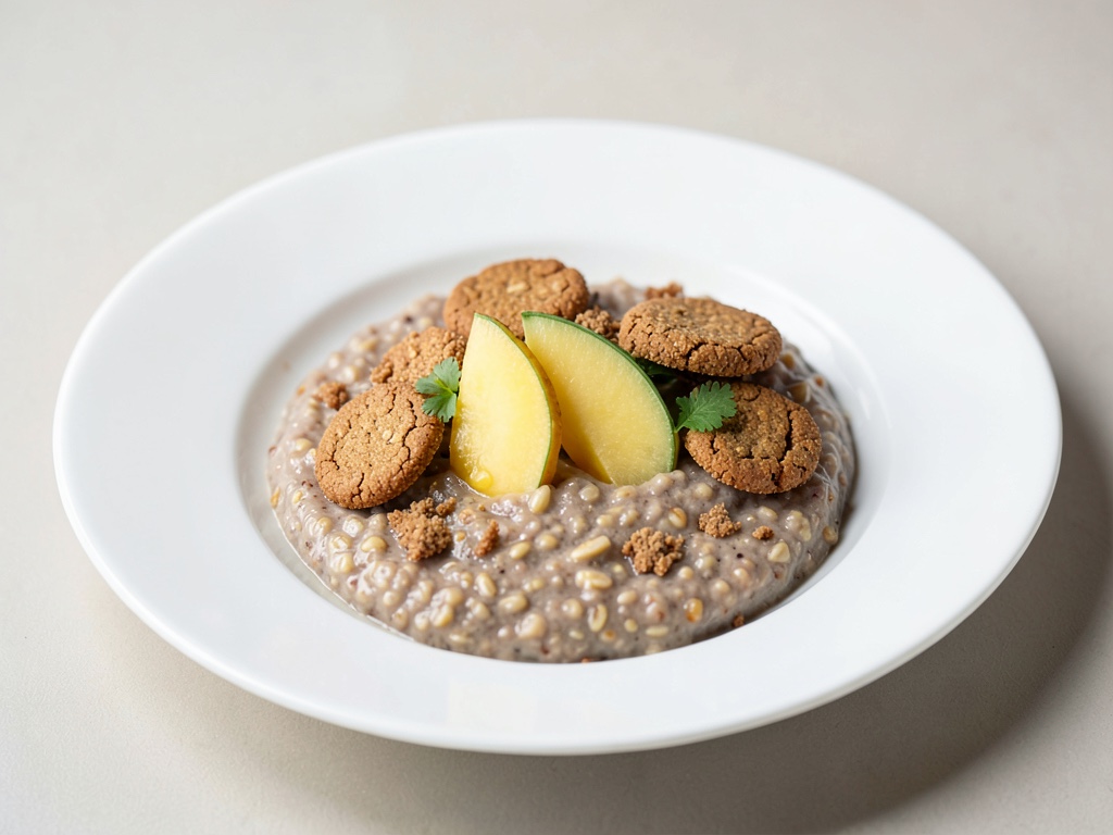 Haferbrei mit Melone und zerbröselten Keksen