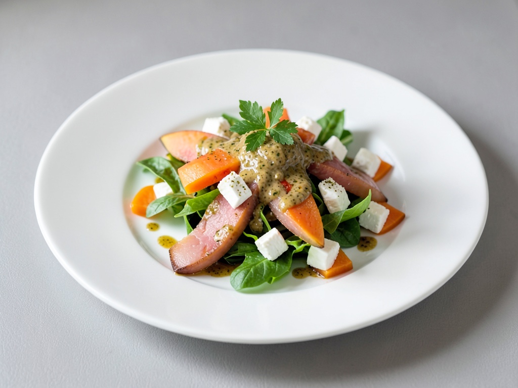 Salade de melon et mozzarella au jambon et vinaigrette à la moutarde