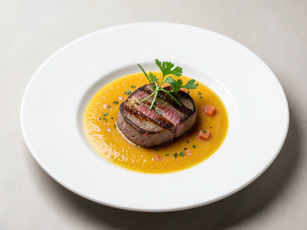 Zuppa di melone e papaya con filetto di manzo alla griglia