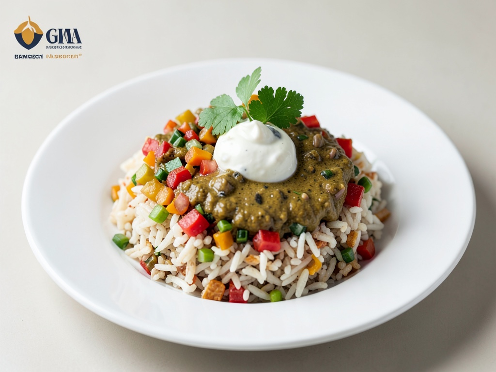 Bowl di riso messicano con salsa di peperoni e salsa cremosa di ratatouille al curry allo yogurt