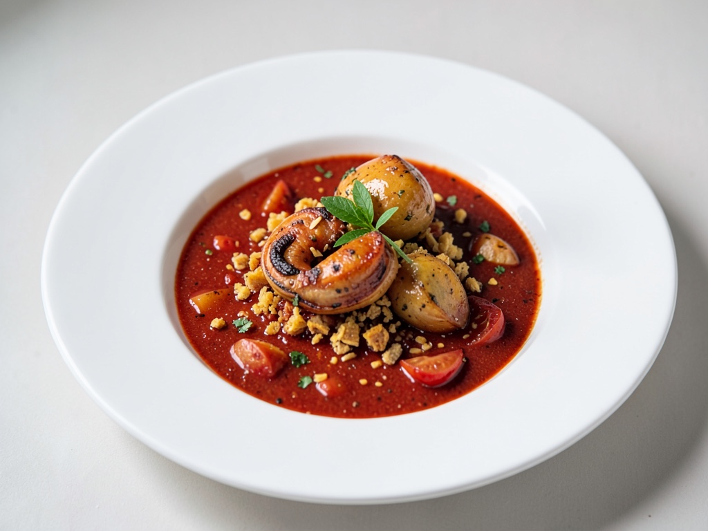 Zuppa di cozze al pomodoro tostato con crunch da taco