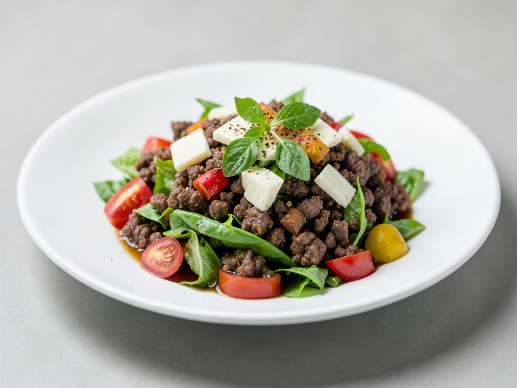 Insalata messicana con carne a cubetti, formaggio e verdure fresche