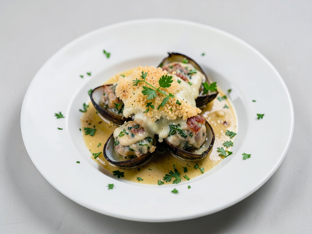 Cozze alle erbe con crosta di formaggio