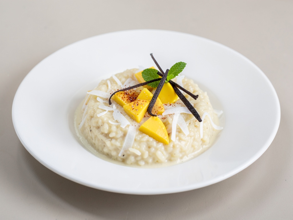Cremiger Milchreis mit Kokos, Vanille und frischer Mango-Buttermilch