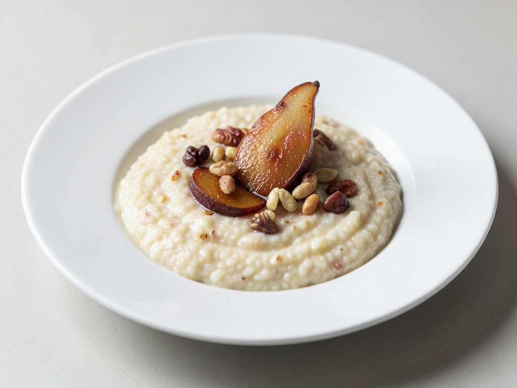 Riso al latte cremoso con pere caramellate e noci