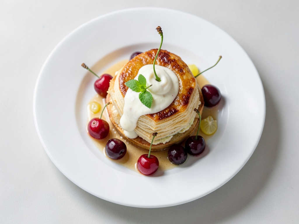 Mille-Feuille aus Kirschen und Buttermilchcreme mit Mandelblättern