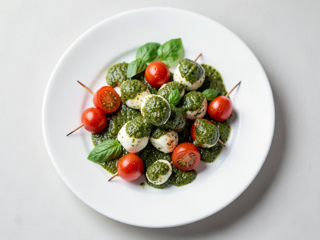 Spiedini mini con pomodorini, formaggio e pesto