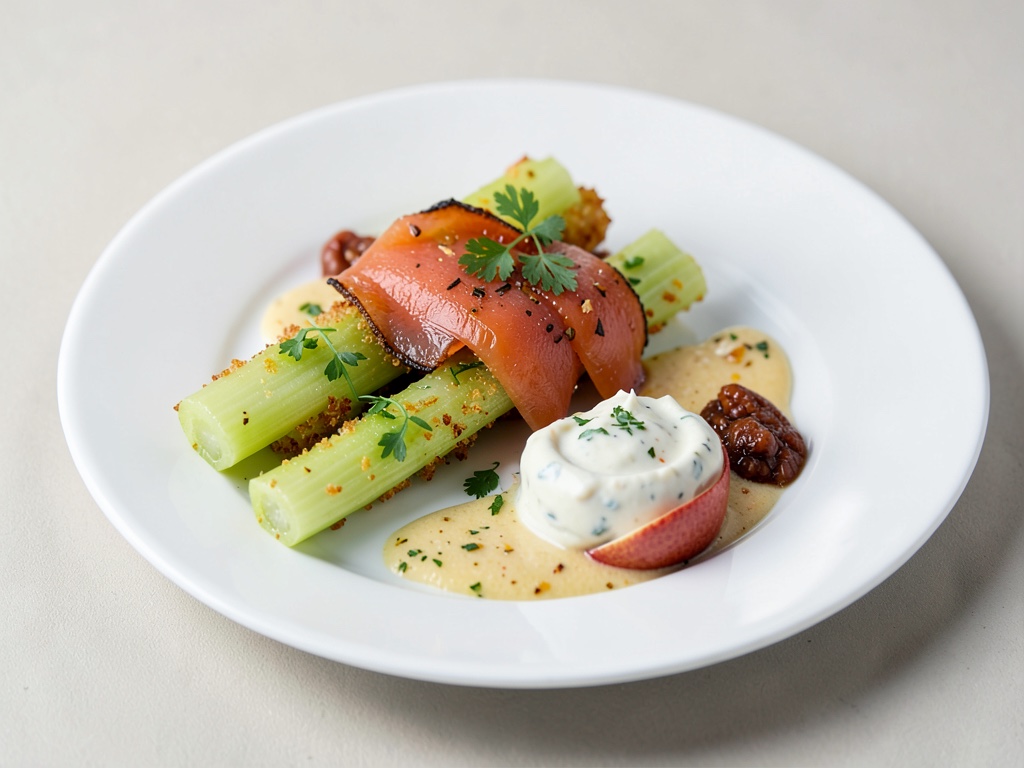 Palitos crujientes de apio con salmón ahumado y salsa de manzana
