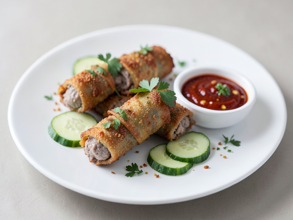 Crocanti mini-strudel di carne con cetrioli e salsa al peperoncino