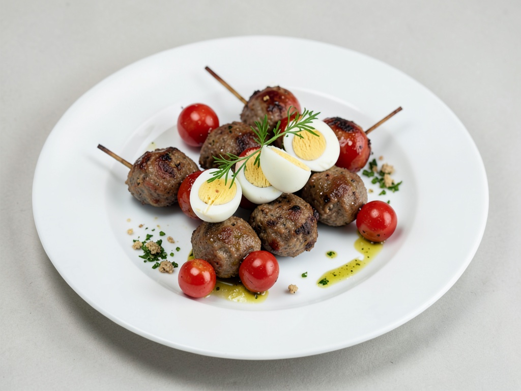 Brochettes aux tomates cerises, œufs de caille et boulettes de viande