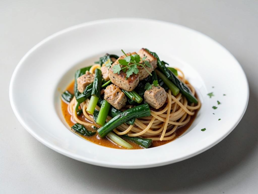 Wok de verduras con fideos de tofu miso