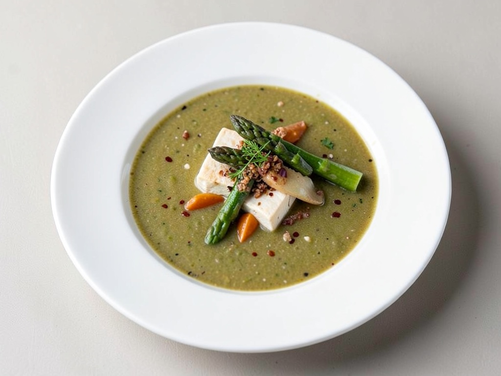 Sopa caliente de miso con tofu y espárragos