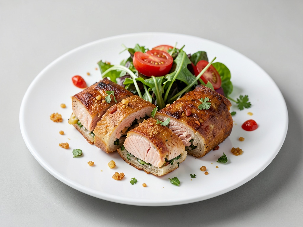 Rotoli di crepes al salmone con insalata e pomodori
