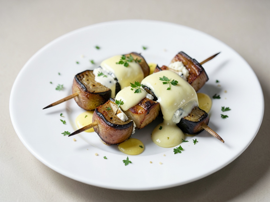 Spiedini di melanzane con formaggio di capra e condimento al limone