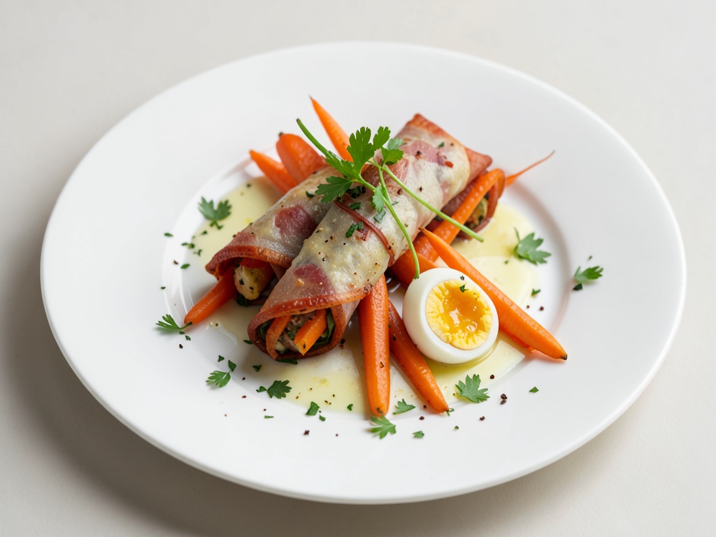 Carottes enrobées de bacon avec œuf poché
