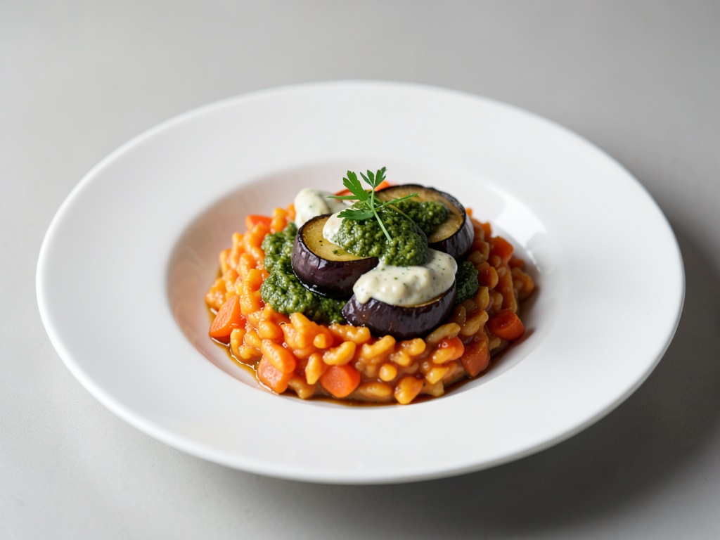 Risotto alle carote con melanzane e crema al pesto