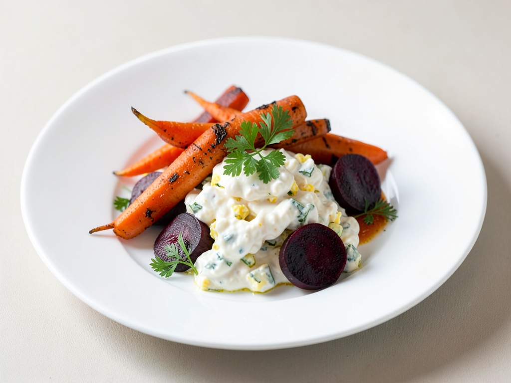 Verdure al forno di carote e barbabietola rossa con dip allo yogurt e uova