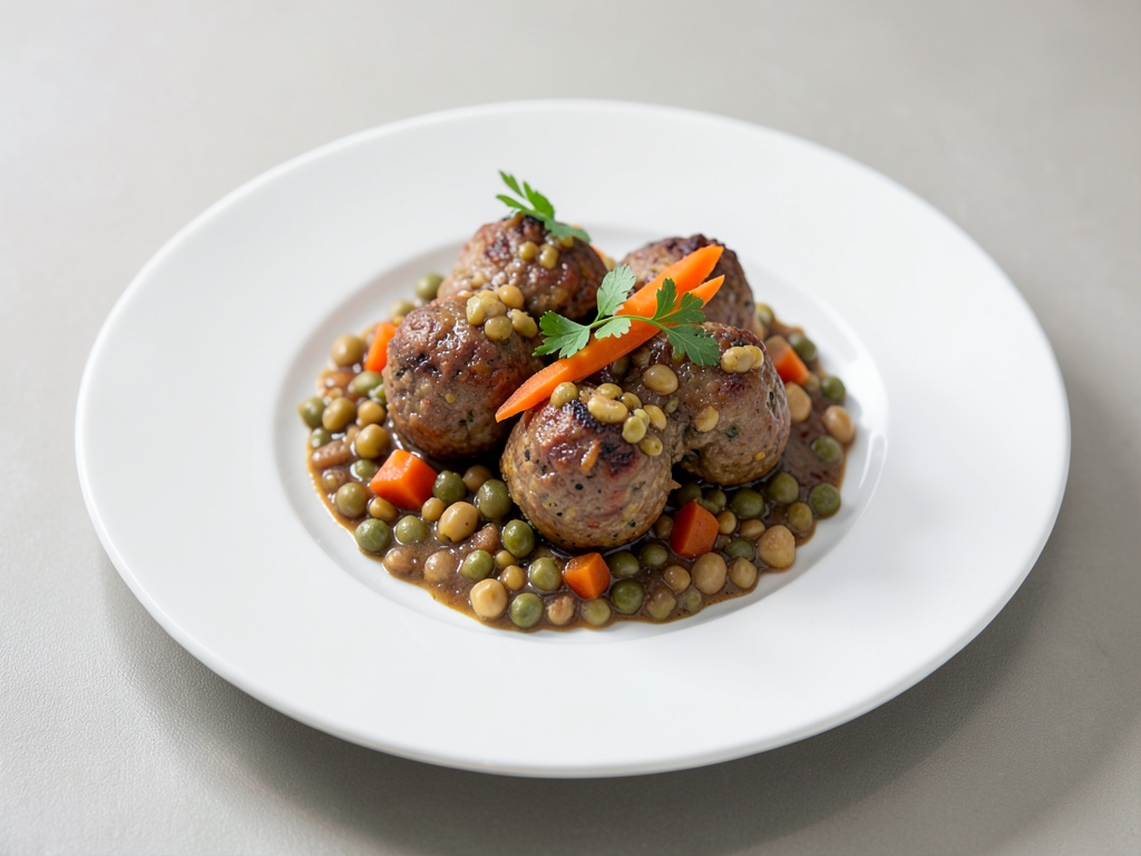 Polpette di patate e carote su verdure con lenticchie
