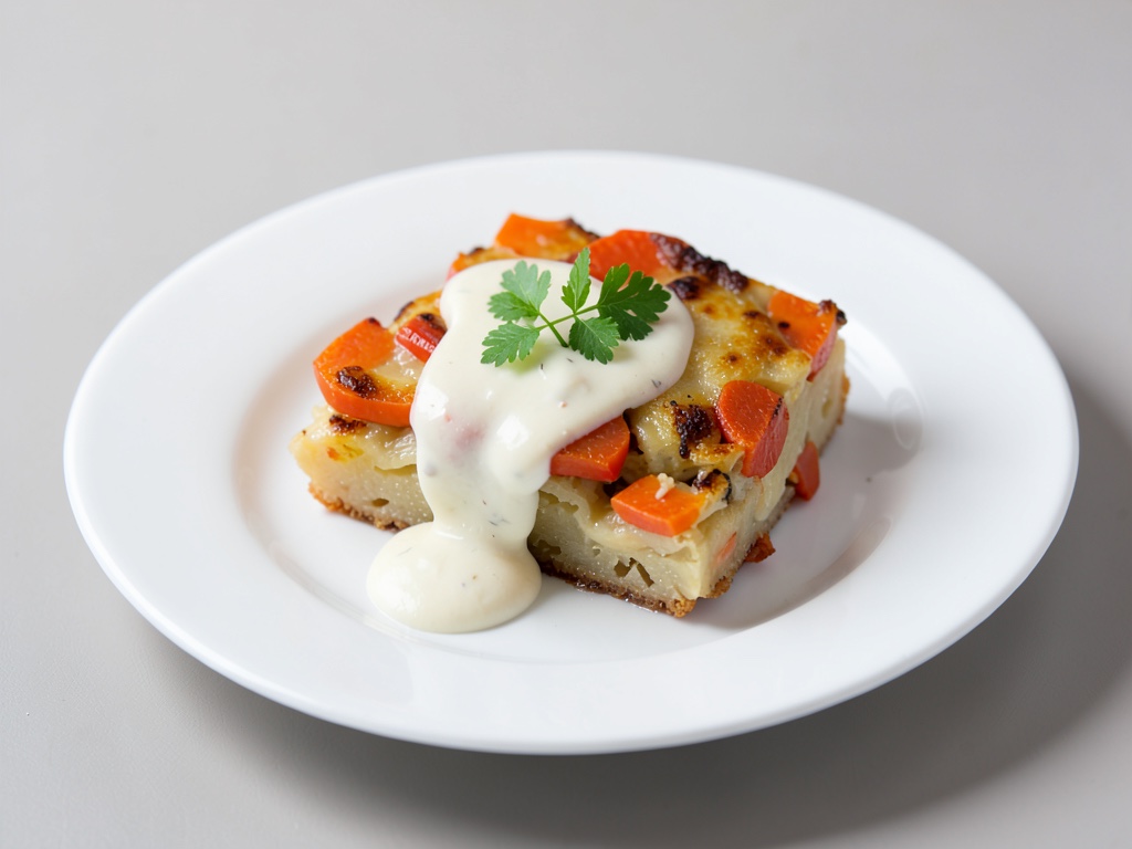 Gratin di patate e carote con salsa al formaggio cremosa
