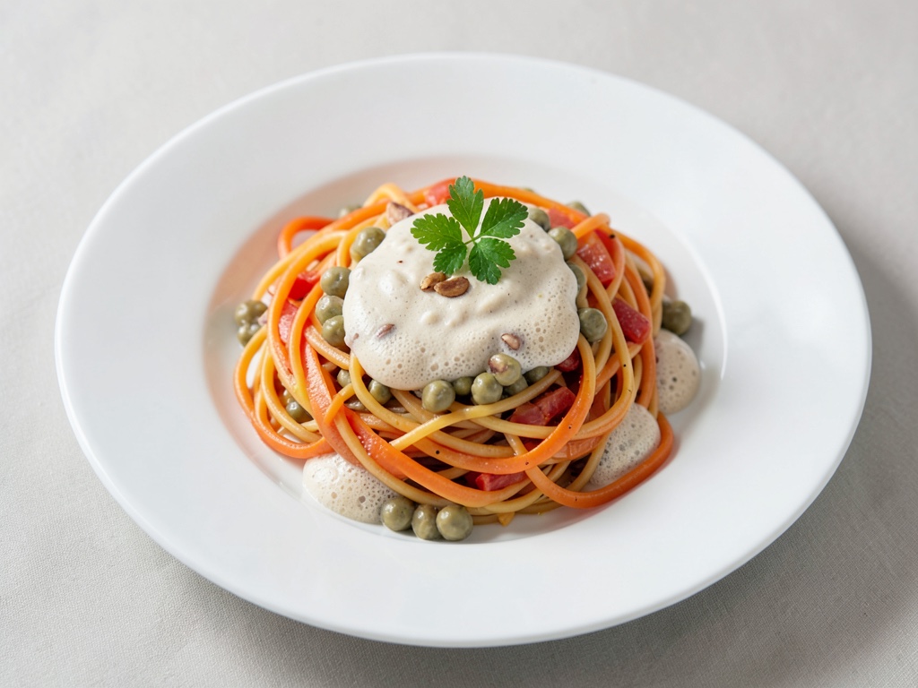 Spaghetti di carote con crema cremosa di mandorle e piselli