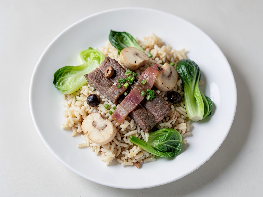 Riz aux carottes avec lanières de bœuf, pleurotes et pak choï