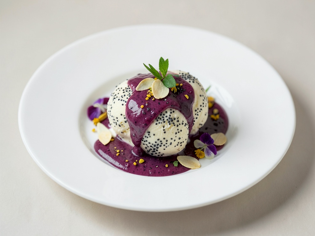 Palline di gelato al papavero con salsa di sambuco e mandorle floreali