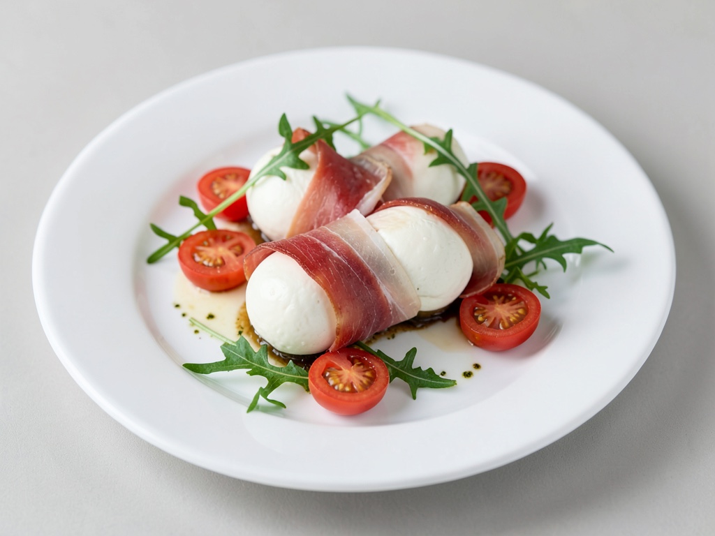 Bocconcini di mozzarella avvolti nel prosciutto di Parma con pomodori e rucola
