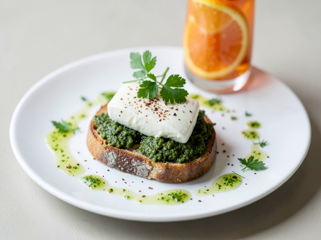 Bruschetta au pesto avec mozzarella et boisson fraîche à l'orange
