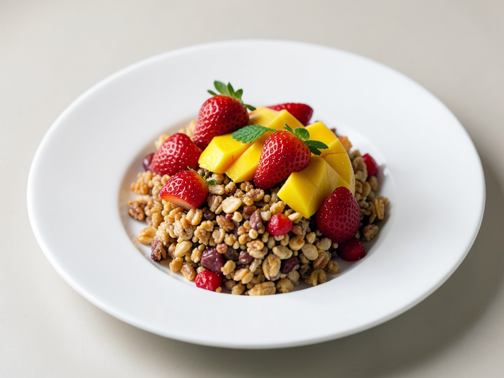 Bowl crujiente de muesli con mango y fresas