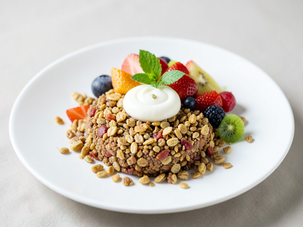 Muesli crujiente con ensalada de frutas colorida y leche