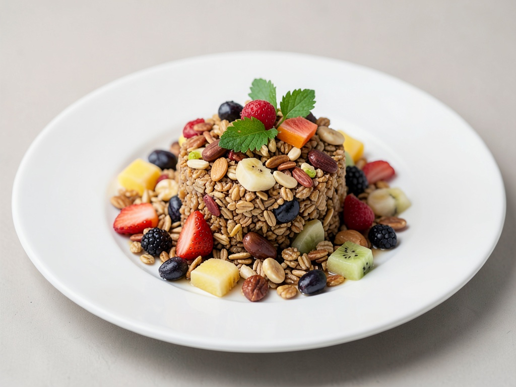 Muesli crujiente con nueces y frutas frescas