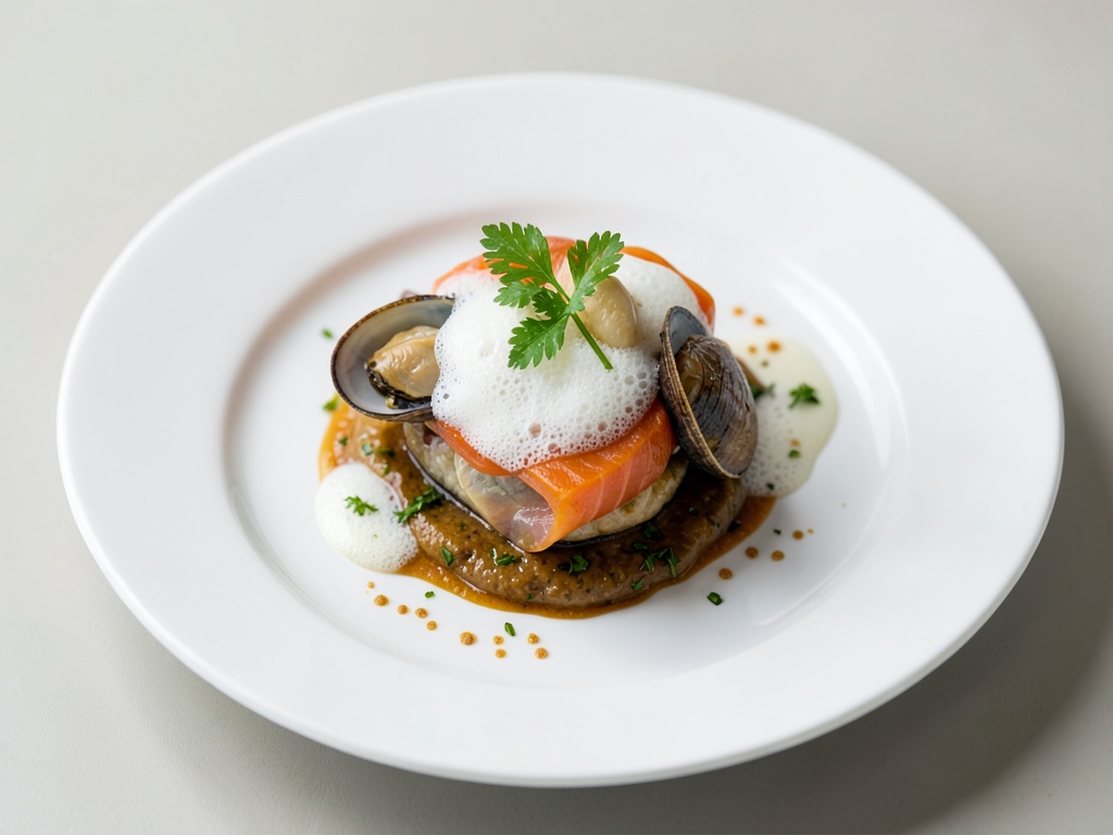 Carpaccio delicato di vongole e salmone con schiuma di latte