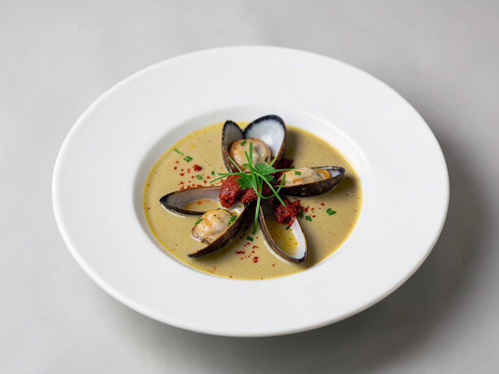 Zuppa di cozze spagnole con zafferano e erba cipollina