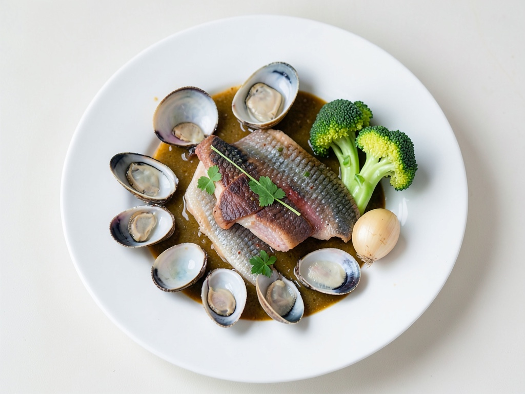 Zuppa di cozze e pesce colorata con erbe fresche
