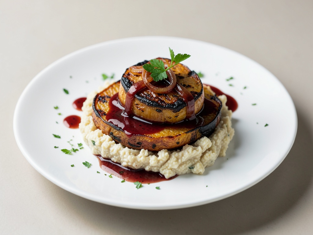 Courge musquée grillée avec sauce aux oignons au porto et purée de fromage de chèvre